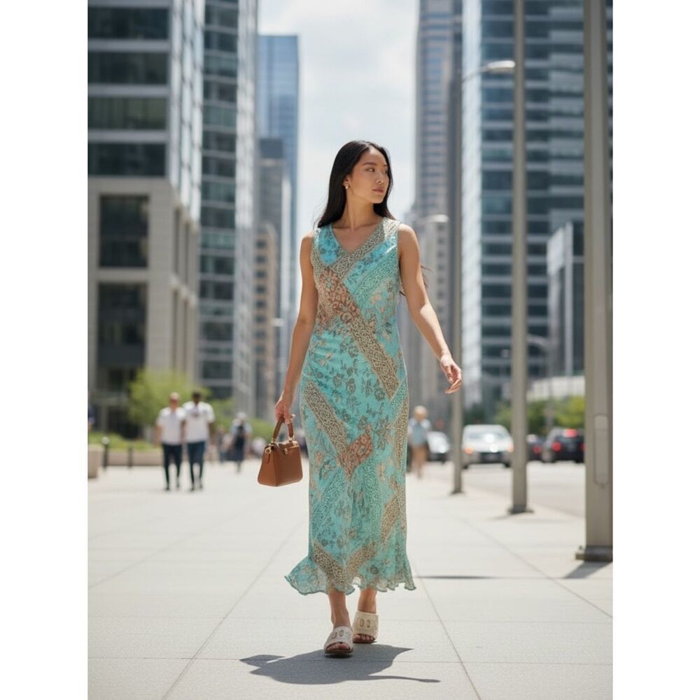 Phool Vintage Teal Tan Gold Floral Lined Maxi Dress Size Large